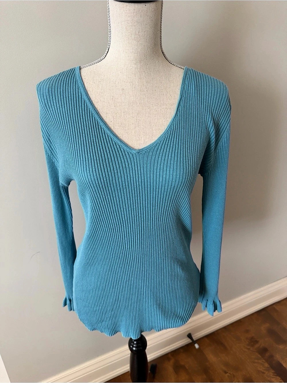 Massimo Dutti Ribbed V-Neck Silk Cotton Sweater in Blue like New